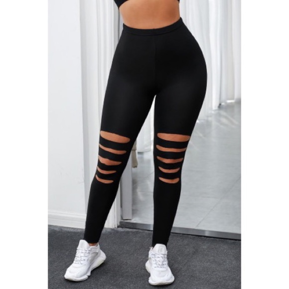 Black Hollow Out High Waist Leggings - Picture 6 of 10